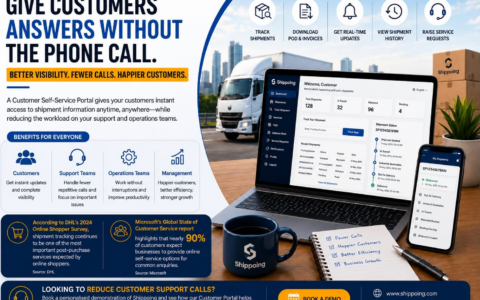 Why Every Growing Courier Company Needs a Customer Self-Service Portal 1 "Customer self-service portal for courier companies with shipment tracking, real-time updates, invoices, and logistics management features."